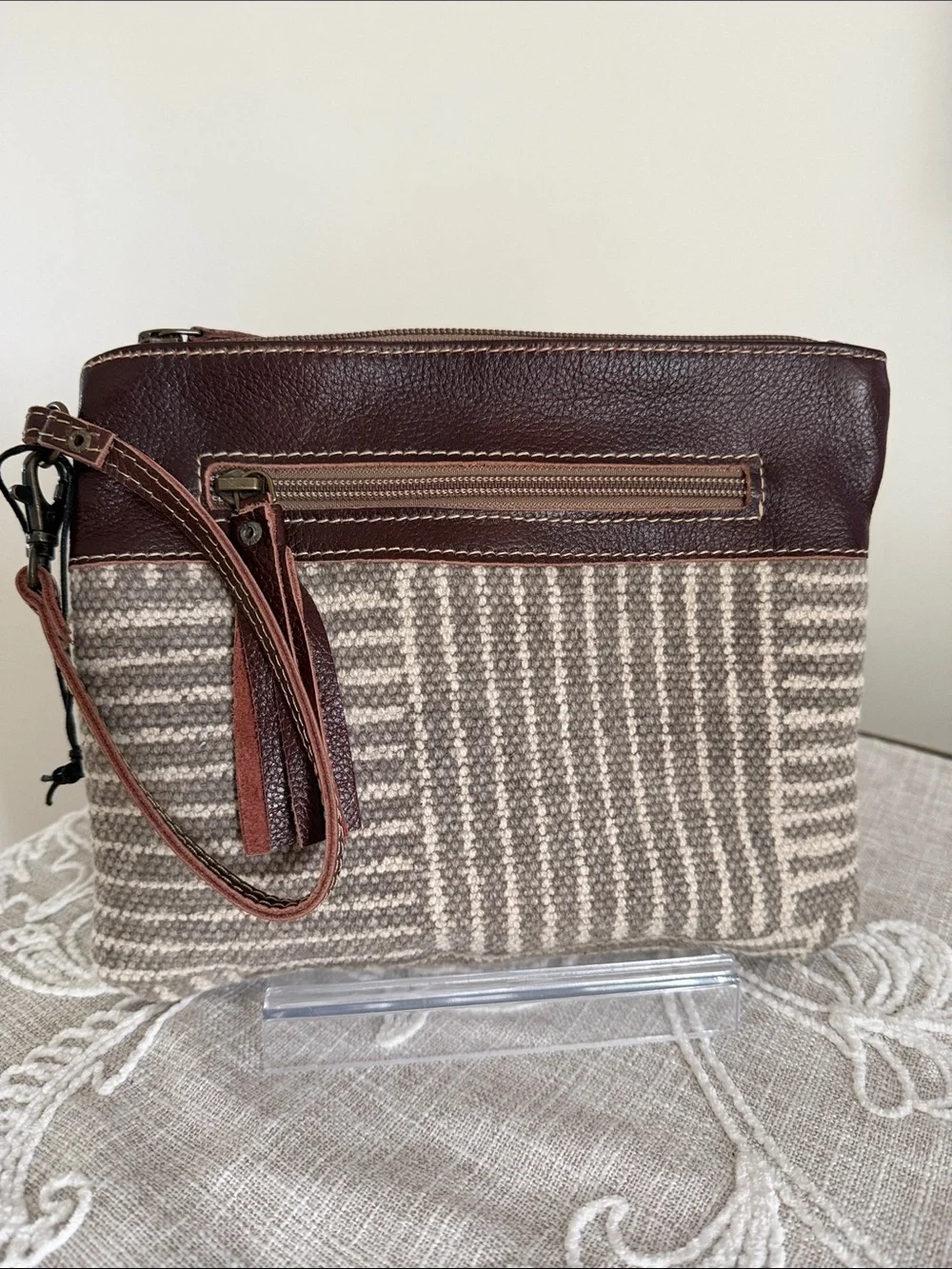 Myra NWOT Puzzled Pouch Wristlet Brown Leather & Beige fabric Wristlet Clutch